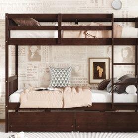 Twin Over Twin Rubber Wood Bunk Bed With 2 Drawers, Ladder And Safety Guardrails 44 Twin Over Twin Rubber Wood Bunk Bed With 2 Drawers, Ladder And Safety Guardrails