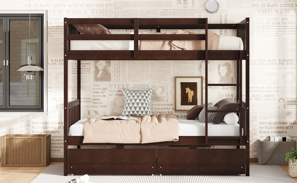 Twin Over Twin Rubber Wood Bunk Bed With 2 Drawers, Ladder And Safety Guardrails 17 Twin Over Twin Rubber Wood Bunk Bed With 2 Drawers, Ladder And Safety Guardrails