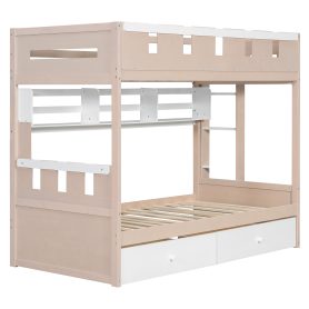 Twin Size Castle Style Bunk Bed with 2 Drawers, Shelf and LED Light