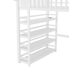 Metal Full Loft Bed with 4 Shelf Storage Rack and Charging Station