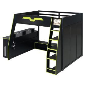 Full Size Wood Loft Bed with Desk, Multi-Storage Shelves and RGB Light