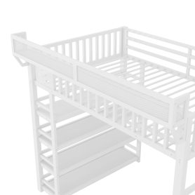 Metal Full Loft Bed with 4 Shelf Storage Rack and Charging Station