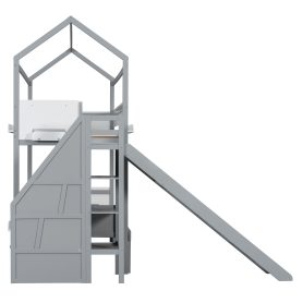 House-Shaped Wooden Bunk Bed with Slide & Storage Staircase