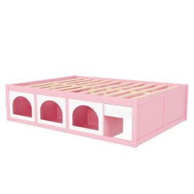 Queen Size Wooden Platform Bed with Bookshelf, Display Cabinet, LED Light and Drawer