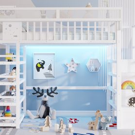 Metal Full Loft Bed with 4 Shelf Storage Rack and Charging Station