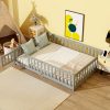 Rubber Wood Full Size Floor Bed With Fence, Door,  and Guardrails