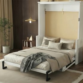 Queen Size Wood Vertical Murphy Bed with Desk, Gas Struts