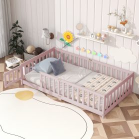 Twin Size Floor Bed with Fence, Door and Safety Guardrails