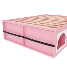 Queen Size Wooden Platform Bed with Bookshelf, Display Cabinet, LED Light and Drawer