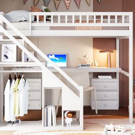 Full Size Loft Bed with Two Chest of Drawers, Desk and Light Strip