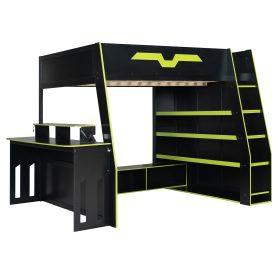 Full Size Wood Loft Bed with Desk, Multi-Storage Shelves and RGB Light