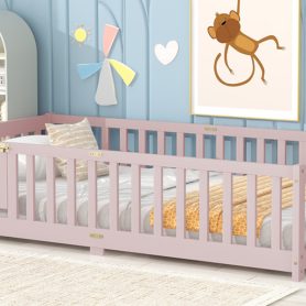 Twin Size Floor Bed with Fence, Door and Safety Guardrails