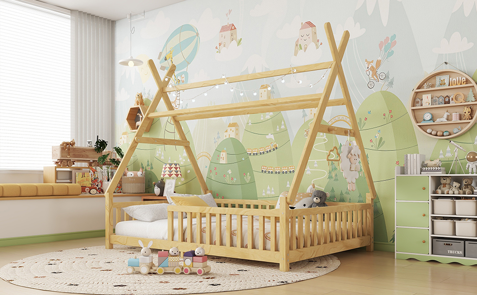 Full Low Floor House Bed With Fence And Roof 12 Full Low Floor House Bed With Fence And Roof