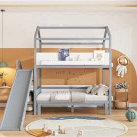 House-Shaped Wooden Bunk Bed with Slide & Storage Staircase
