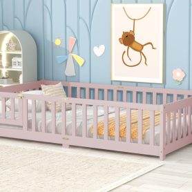 Twin Size Floor Bed with Fence, Door and Safety Guardrails