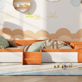 Queen Size Velvet Upholstered Daybed with Stairs & Gas Lift Storage Ottoman, Contrast Color, Padded Guardrails