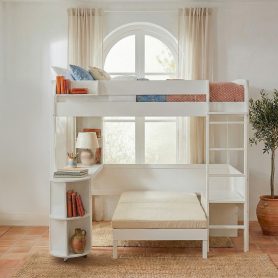 Full Size Wood Loft Bed with Desk, Bedside Storage Shelf, Sofa and Light