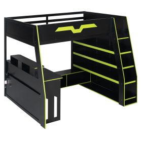 Full Size Wood Loft Bed with Desk, Multi-Storage Shelves and RGB Light