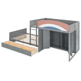 Full Size Offset Bunk Bed with Wardrobe & Drawers, Upholstered Guardrail, Built-in Hanging Rod