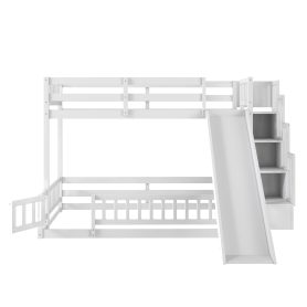 Pine Solid Wooden Bunk Bed with Slide, Storage Staircase and Safety Guardrails