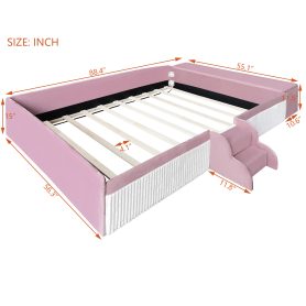 Full Size Velvet Upholstered Daybed with Stairs & Gas Lift Storage Ottoman, Contrast Color, Padded Guardrails