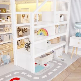 Metal Full Loft Bed with 4 Shelf Storage Rack and Charging Station