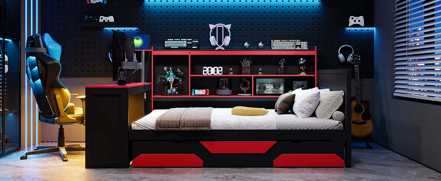 Full Size Gaming Daybed with Integrated Desk and Lights 27 Full Size Gaming Daybed with Integrated Desk and Lights