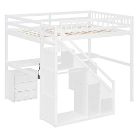 Full Size Loft Bed with Two Chest of Drawers, Desk and Light Strip