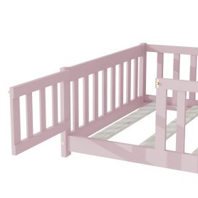 Twin Size Floor Bed with Fence, Door and Safety Guardrails