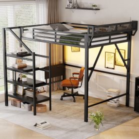 Metal Queen Size Loft Bed With Foldable Desk,Light Strip, Staircase Storage And Charging Station