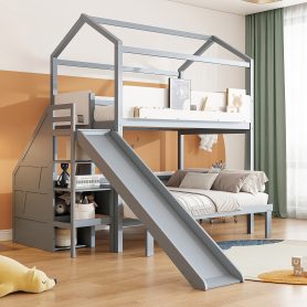House-Shaped Wooden Bunk Bed with Slide & Storage Staircase