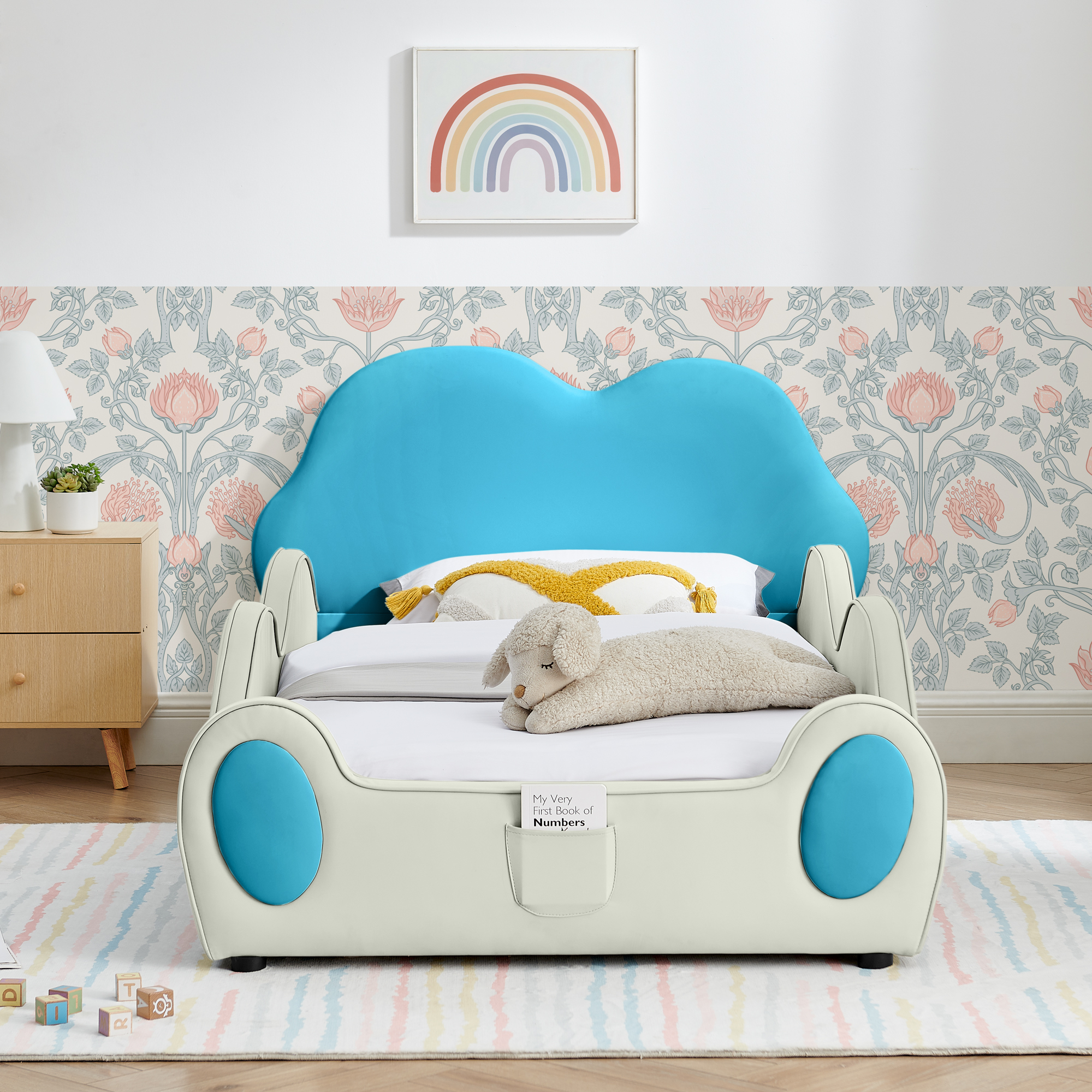 Twin Size Cute Cloud Shape PU Leather Kids Bed with Guardrails