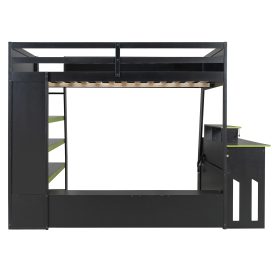 Full Size Wood Loft Bed with Desk, Multi-Storage Shelves and RGB Light