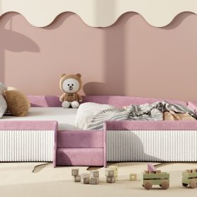 Full Size Velvet Upholstered Daybed with Stairs & Gas Lift Storage Ottoman, Contrast Color, Padded Guardrails