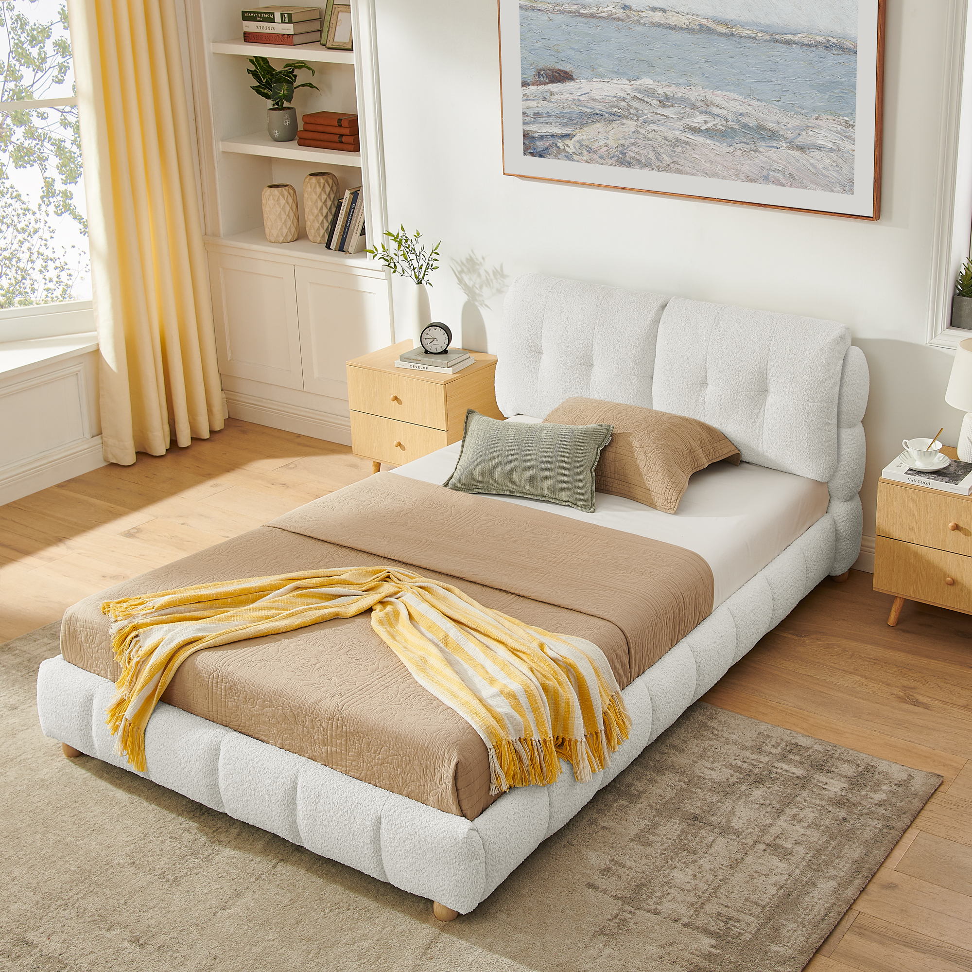 Queen Cream Style Bouclé Fabric Platform Bed 3 Queen Cream Style Bouclé Fabric Platform Bed