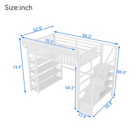 Metal Full Loft Bed with 4 Shelf Storage Rack and Charging Station