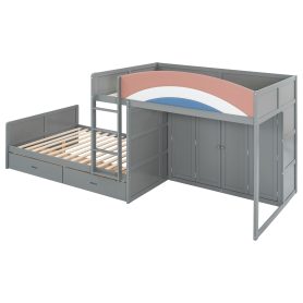 Full Size Offset Bunk Bed with Wardrobe & Drawers, Upholstered Guardrail, Built-in Hanging Rod