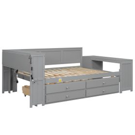 Full Size Daybed With Storage Shelves, Drawers, Trundle, Charging Station, LED Light, Desk And Cabinet