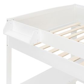 Full Size Wood Loft Bed with Desk, Bedside Storage Shelf, Sofa and Light