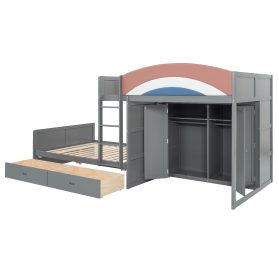 Full Size Offset Bunk Bed with Wardrobe & Drawers, Upholstered Guardrail, Built-in Hanging Rod