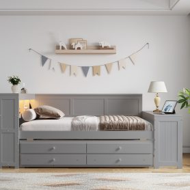 Full Size Daybed With Storage Shelves, Drawers, Trundle, Charging Station, LED Light, Desk And Cabinet