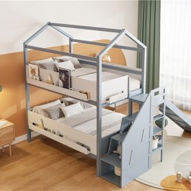 House-Shaped Wooden Bunk Bed with Slide & Storage Staircase