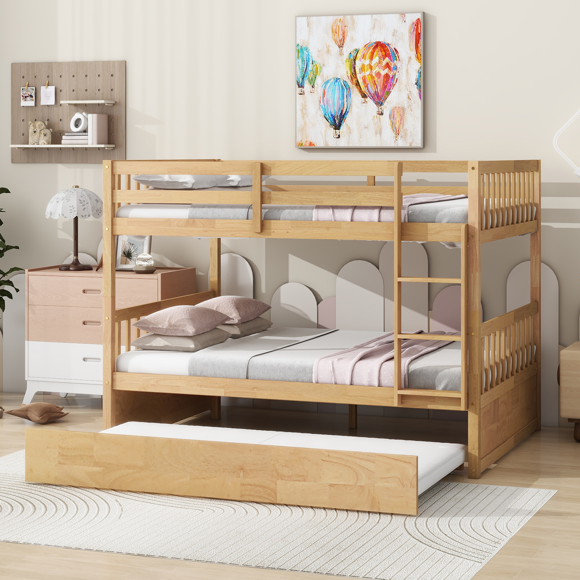 Full Over Full Rubber Wood Bunk Bed with Trundle, Ladder and Guardrails 3 Full Over Full Rubber Wood Bunk Bed with Trundle, Ladder and Guardrails