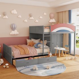 Full Size Offset Bunk Bed with Wardrobe & Drawers, Upholstered Guardrail, Built-in Hanging Rod