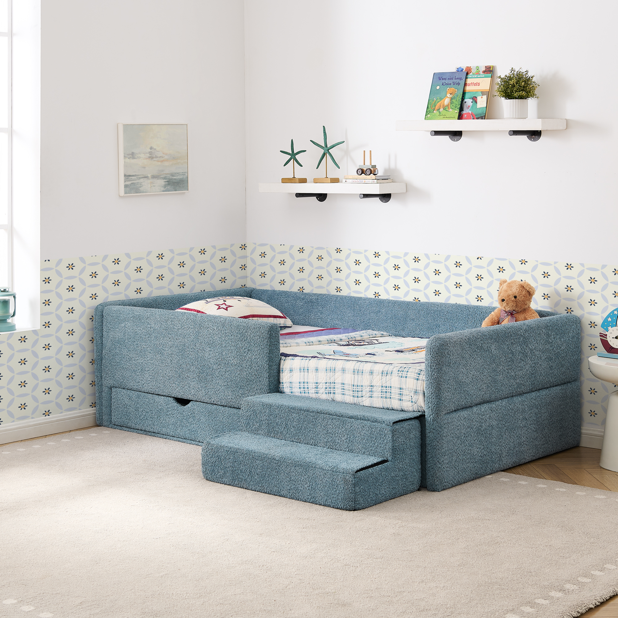Twin Size Safe Cozy Multi-Functional Kids Bed with Guardrails and Storage