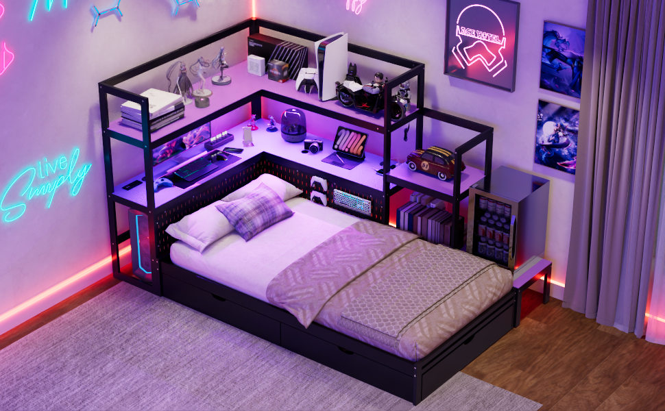 Twin Size Gaming Daybed with Integrated Desk and LED Light 42 Twin Size Gaming Daybed with Integrated Desk and LED Light