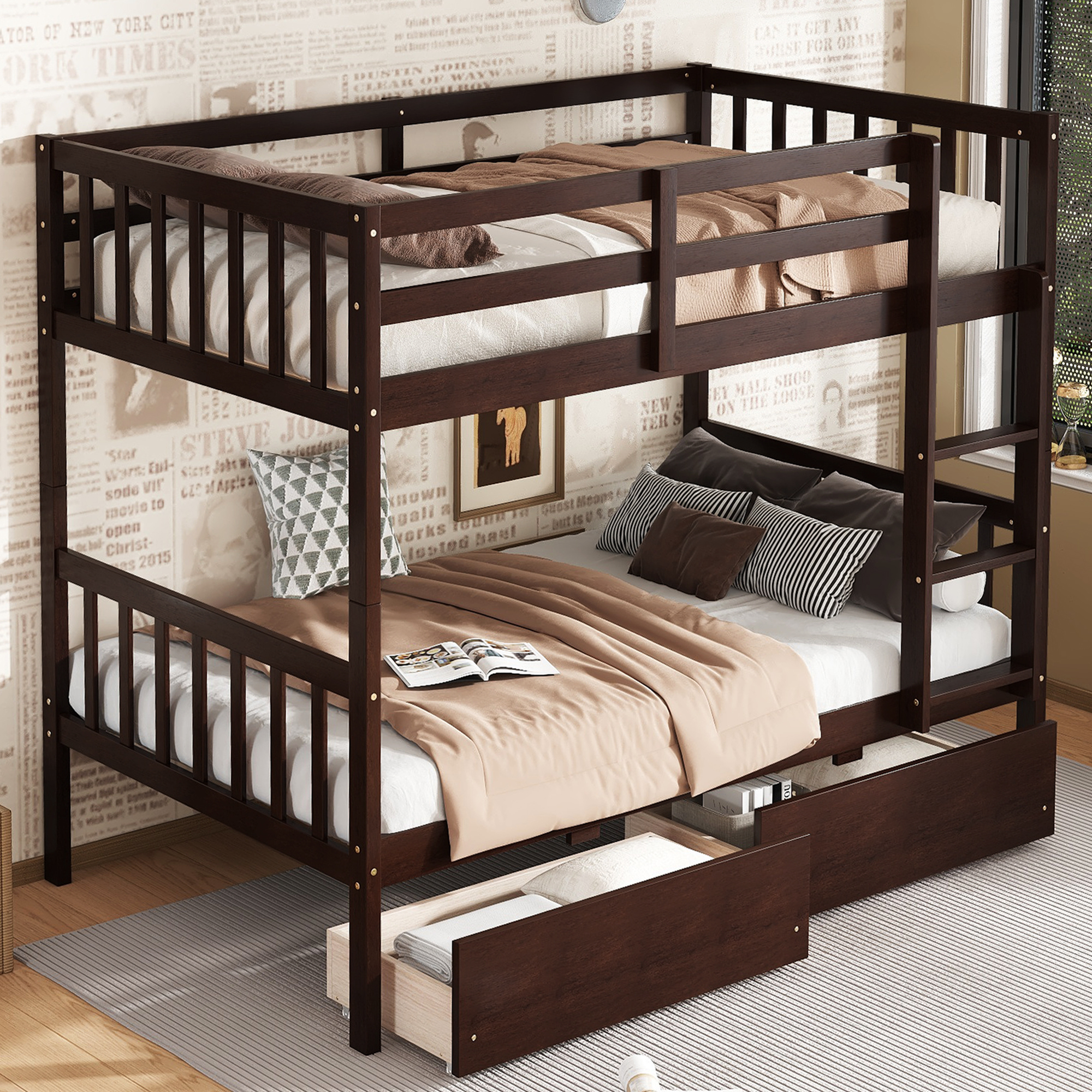 Twin Over Twin Rubber Wood Bunk Bed With 2 Drawers, Ladder And Safety Guardrails 2 Twin Over Twin Rubber Wood Bunk Bed With 2 Drawers, Ladder And Safety Guardrails