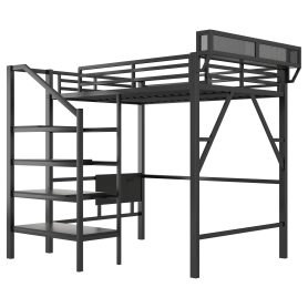 Metal Full Size Loft Bed With Foldable Desk,Light Strip, Staircase Storage And Charging Station