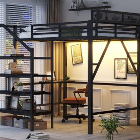 Metal Full Size Loft Bed With Foldable Desk,Light Strip, Staircase Storage And Charging Station