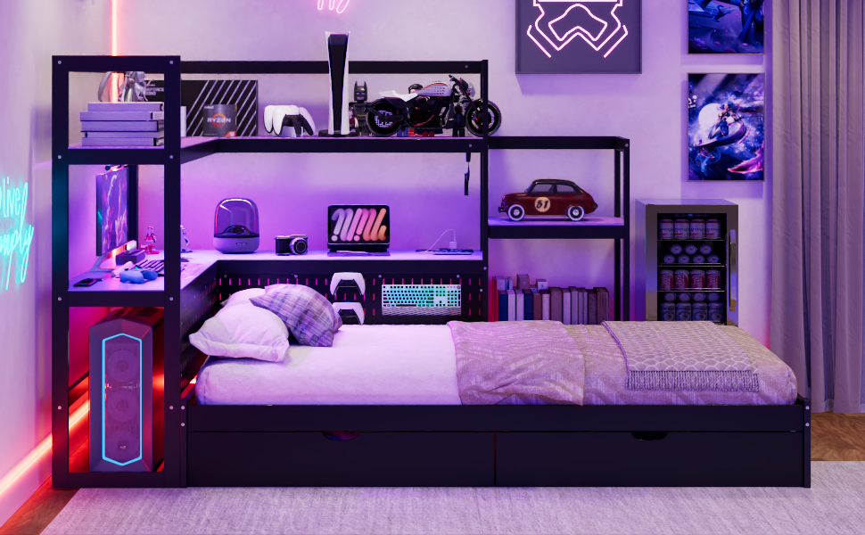 Twin Size Gaming Daybed with Integrated Desk and LED Light 41 Twin Size Gaming Daybed with Integrated Desk and LED Light